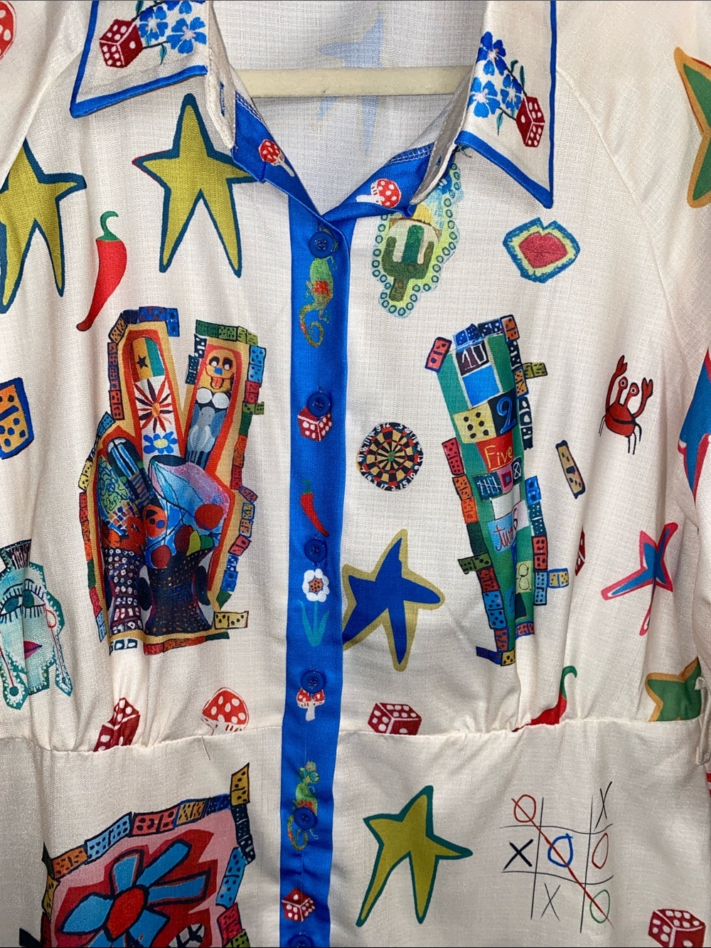 White/Blue Pop Art Knee Length Shirt Dress, Size Large - Picture 4 of 8